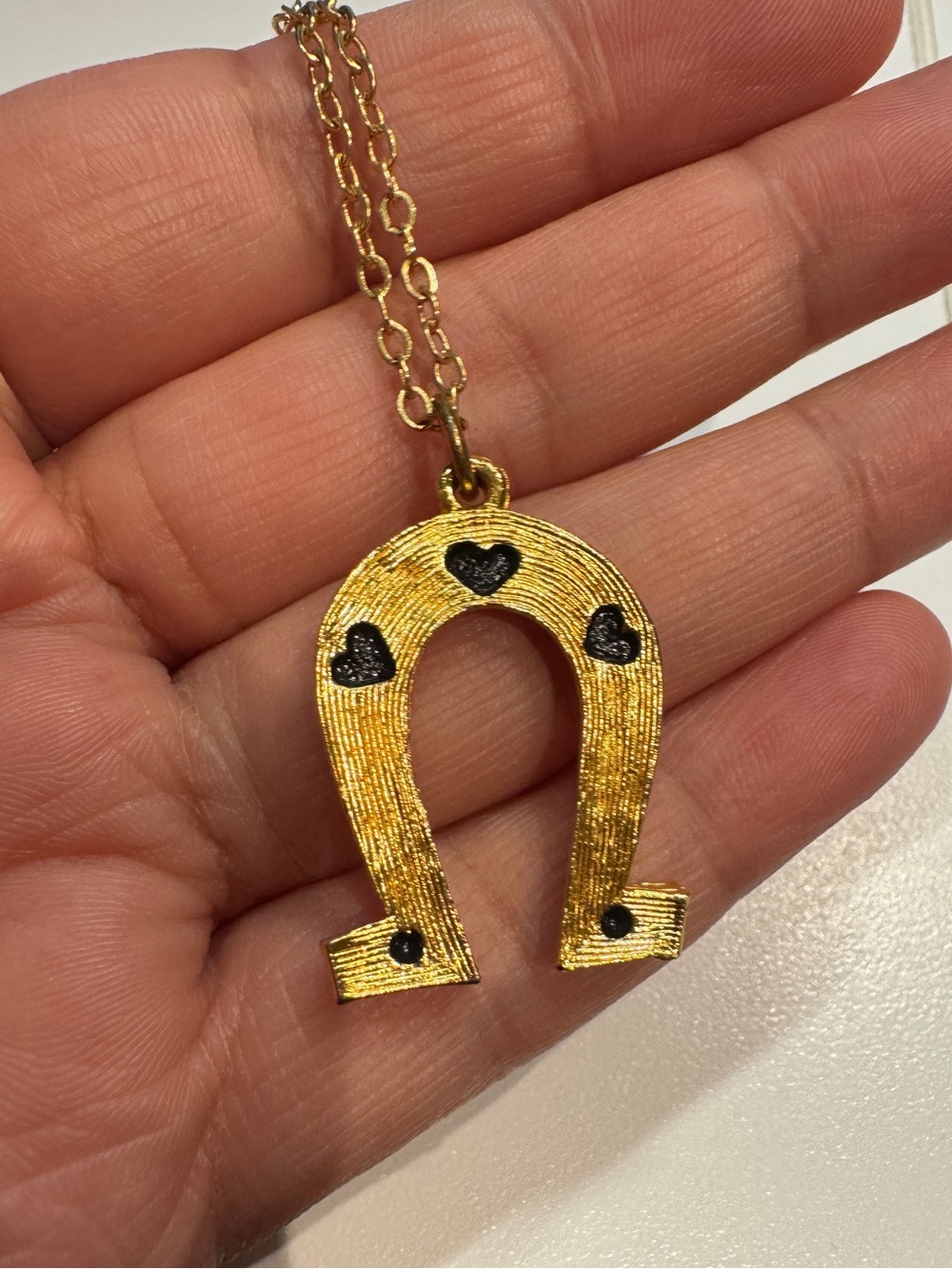 Vintage Horseshoe Pendant Necklace with Black Heart Accents